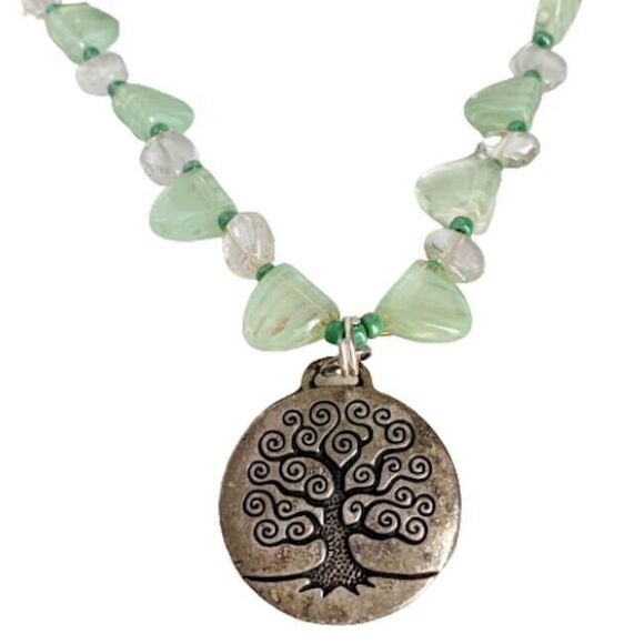 Tree of Life Necklace Light Green Stones Beads Silver Metal Toggle Clasp - Picture 1 of 7